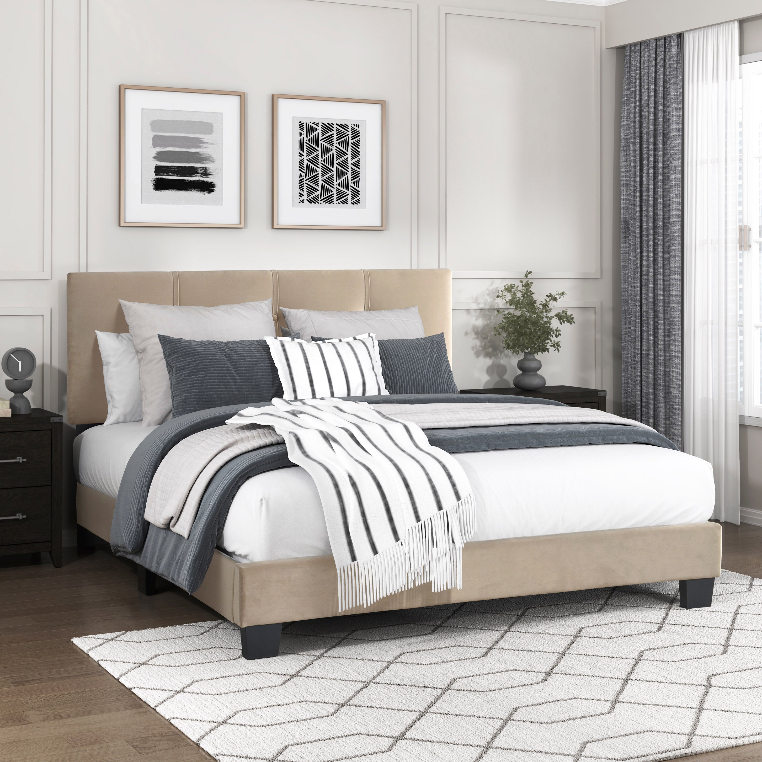 Velvet Upholstered Full Bed Frame with Button-Tufted Headboard