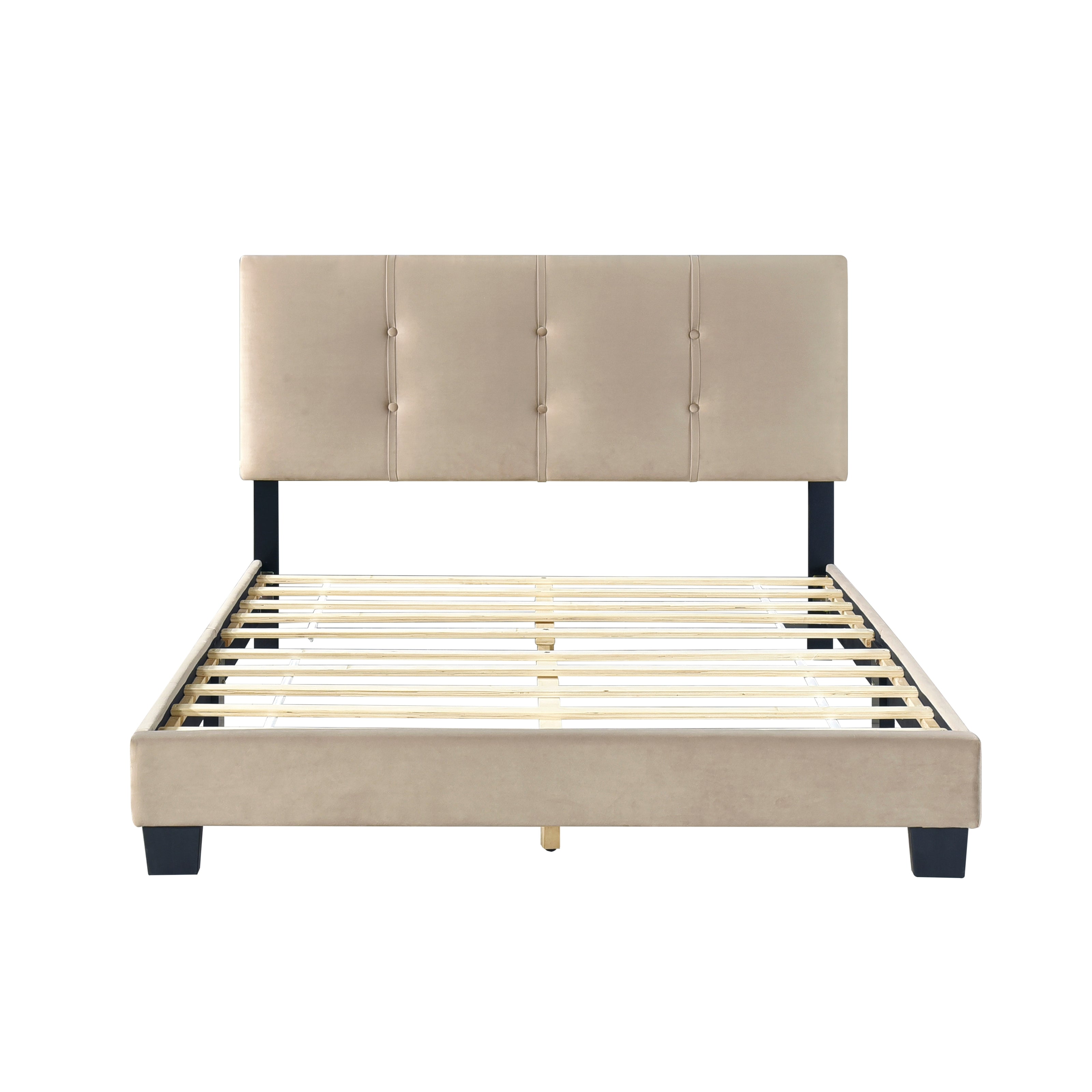Velvet Upholstered Full Bed Frame with Button-Tufted Headboard