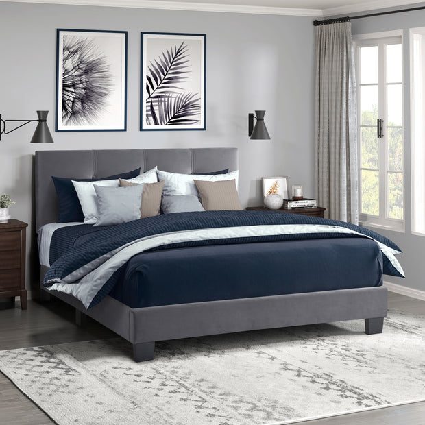 Gray Velvet Full Bed Frame with Button-Tufted Headboard