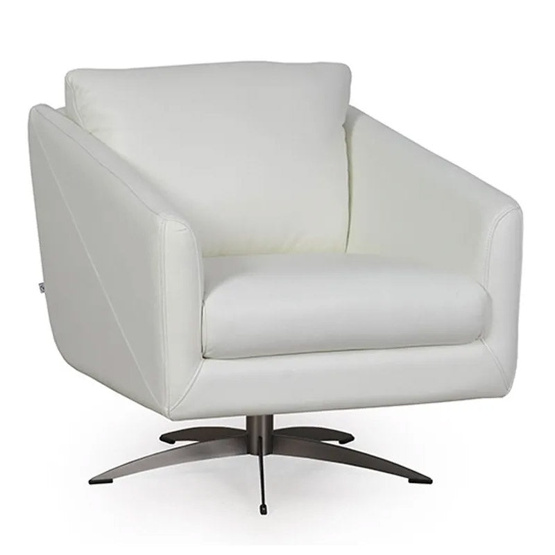 Italian Leather White Swivel Accent Chair with Metal Base
