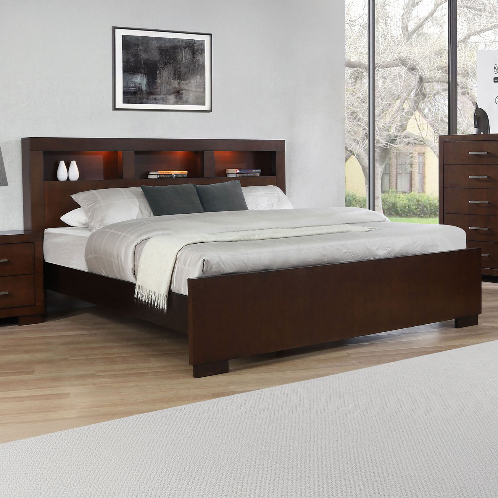 Cappuccino Finish Bed Frame w/ Bookcase Headboard