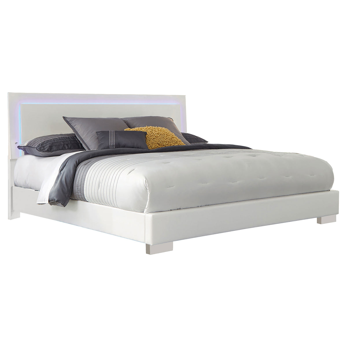 California King White Faux Leather LED Panel Bed