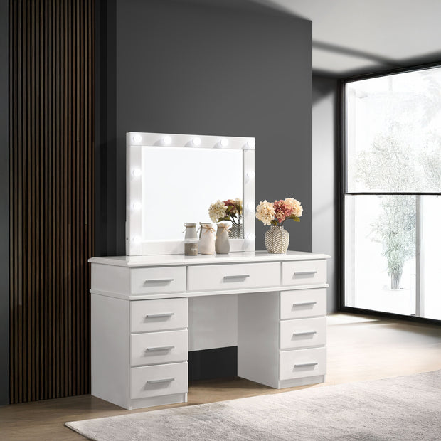 Luna Hollywood Gloss White Vanity Table with Lighted Mirror & 9 Drawers