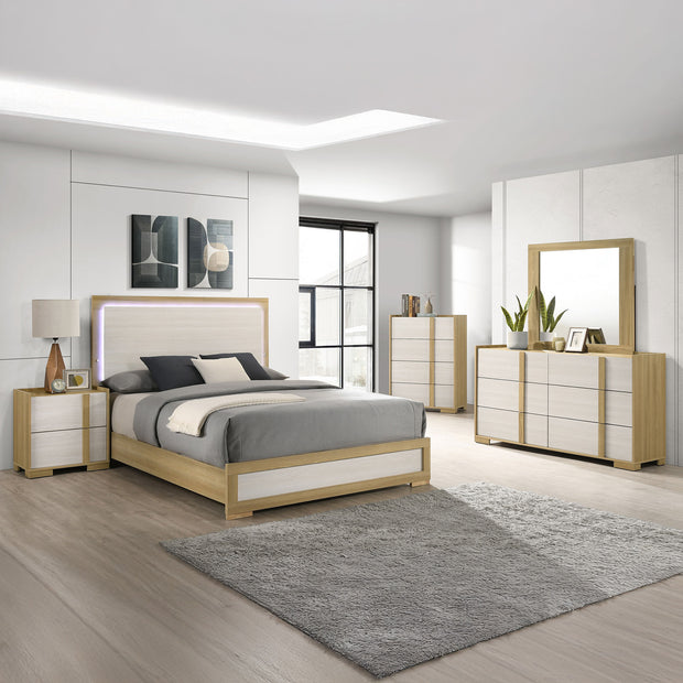 Modern LED 5 PC Bedroom Set in Natural Wood & White