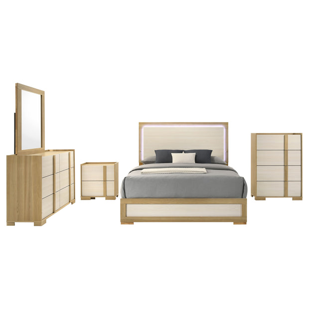 Modern LED 5 PC Bedroom Set in Natural Wood & White