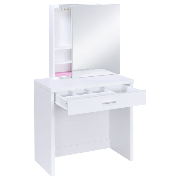 Modern White Vanity Desk with Hidden Jewelry Storage & Upholstered Stool