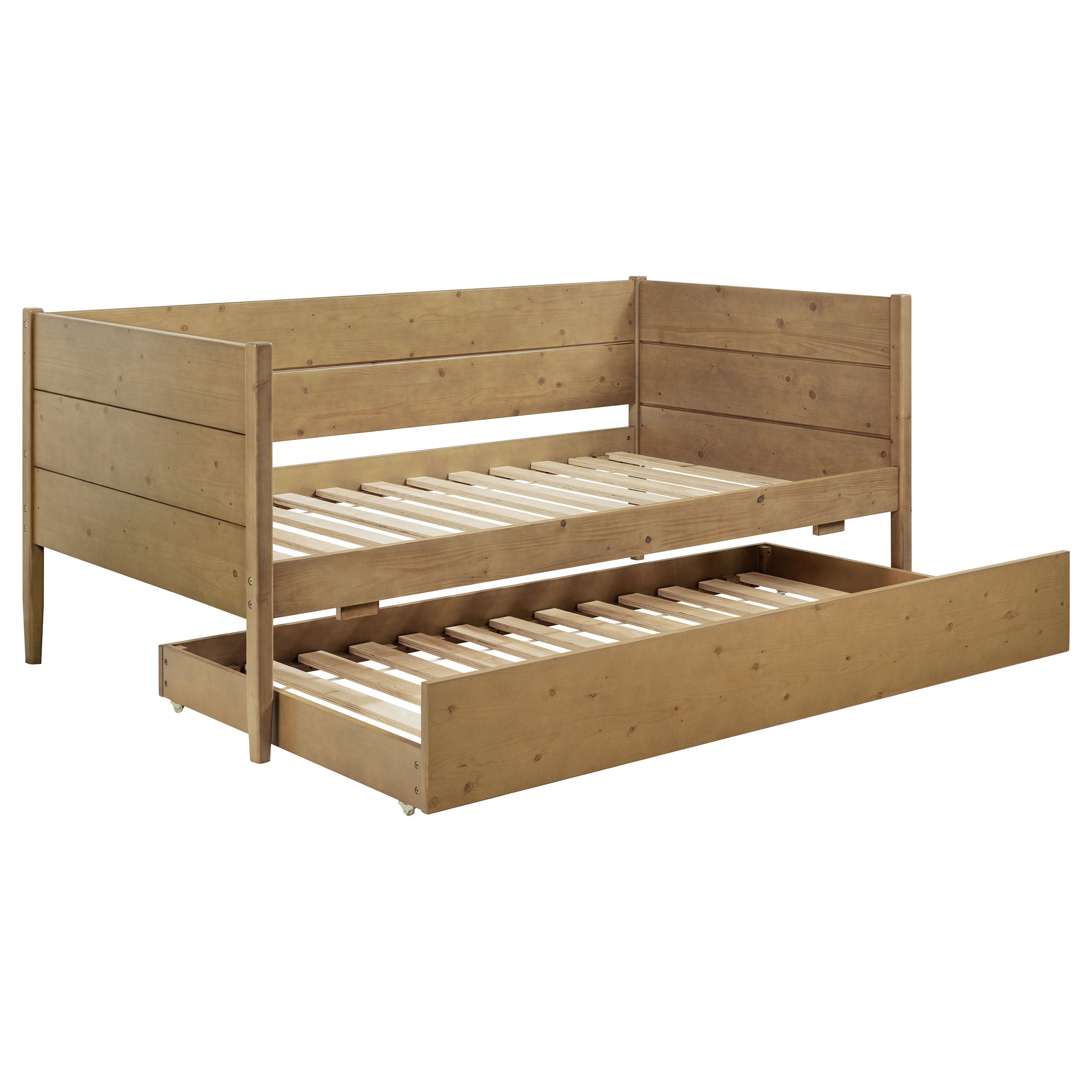 Rustic Natural Wood Twin Daybed with Pull-Out Trundle