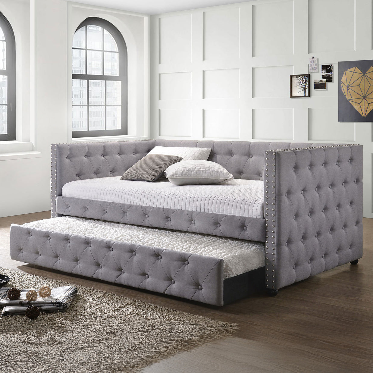 Gray Modern Tufted Daybed w/ Trundle