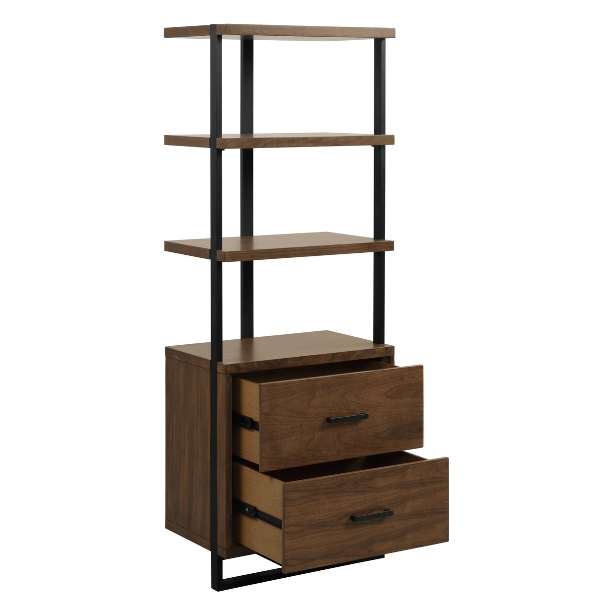 Walnut Bookcase with Drawers & Open Shelving
