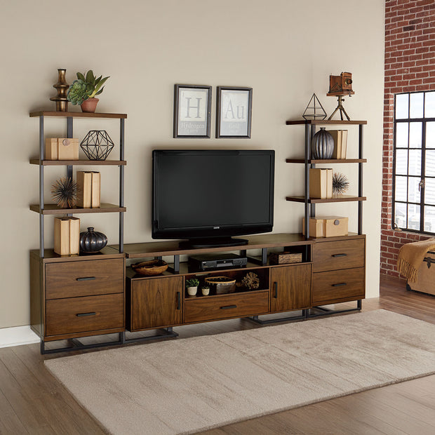 Walnut Bookcase with Drawers & Open Shelving