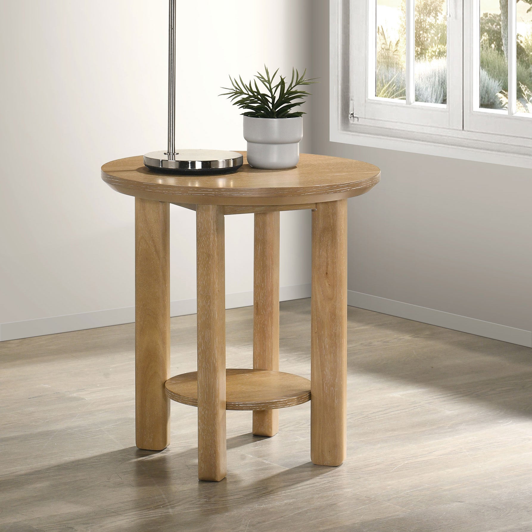 Round Wood Side Table with Shelf