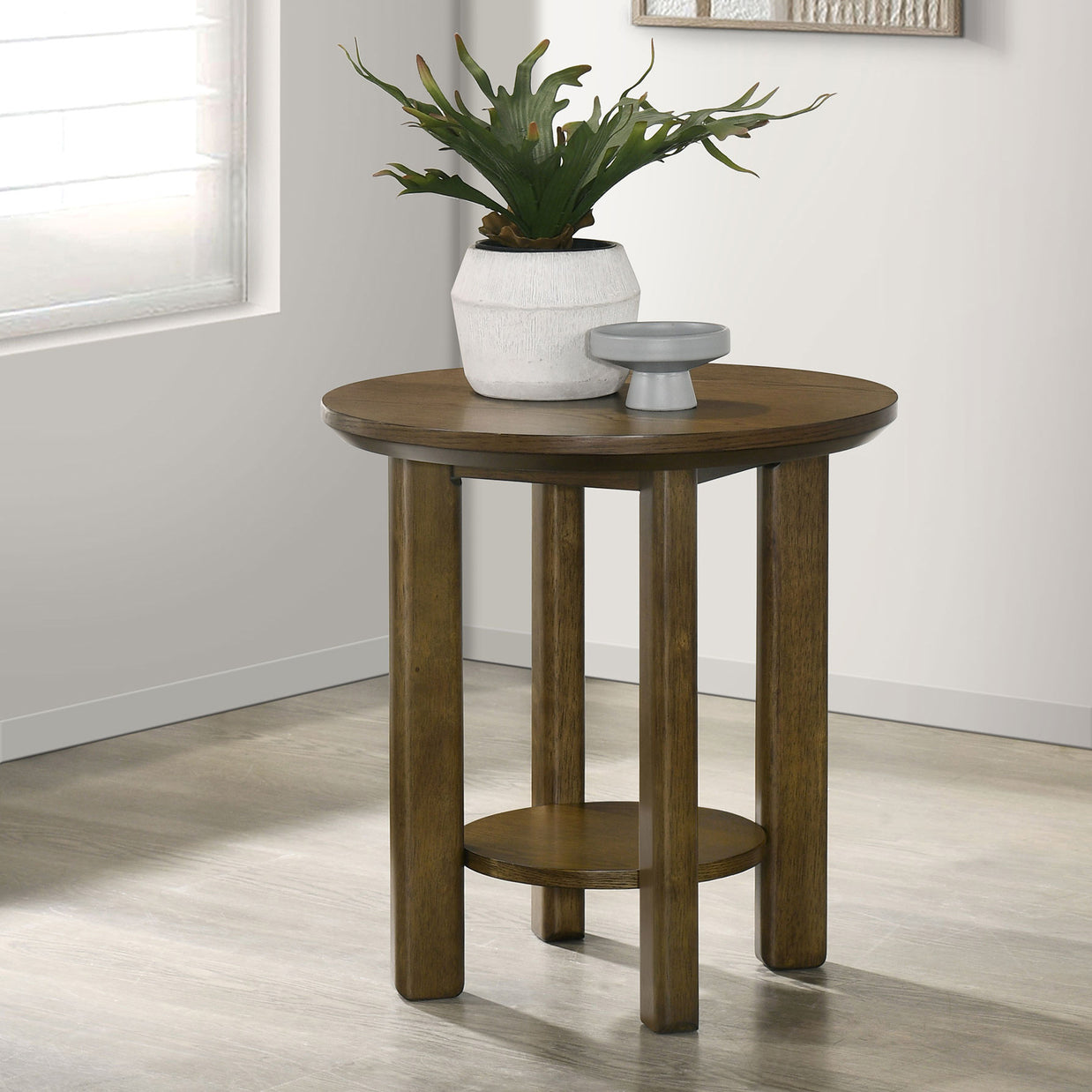 Round Wood Side Table with Shelf