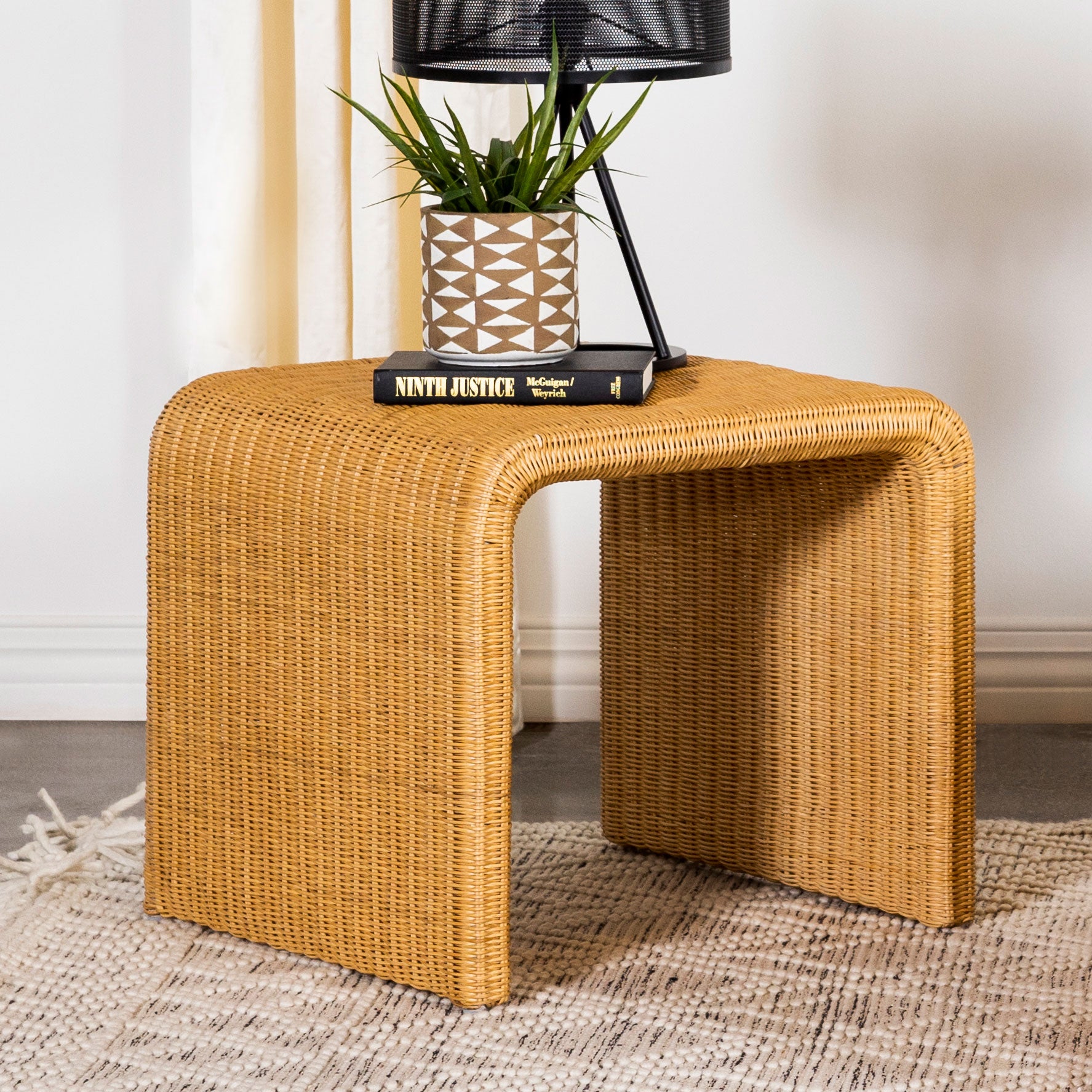 Square Woven Rattan End Table with Waterfall Edges