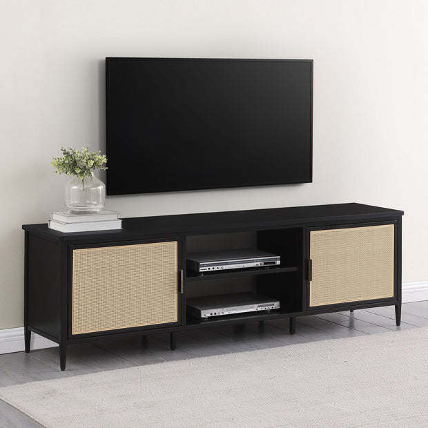 Black Metal TV Stand with Rattan Doors & Open Shelving