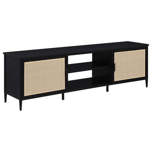 Black Metal TV Stand with Rattan Doors & Open Shelving