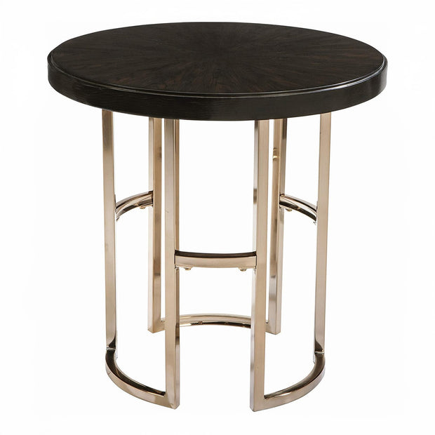 Round Oak & Gold Metal End Table
