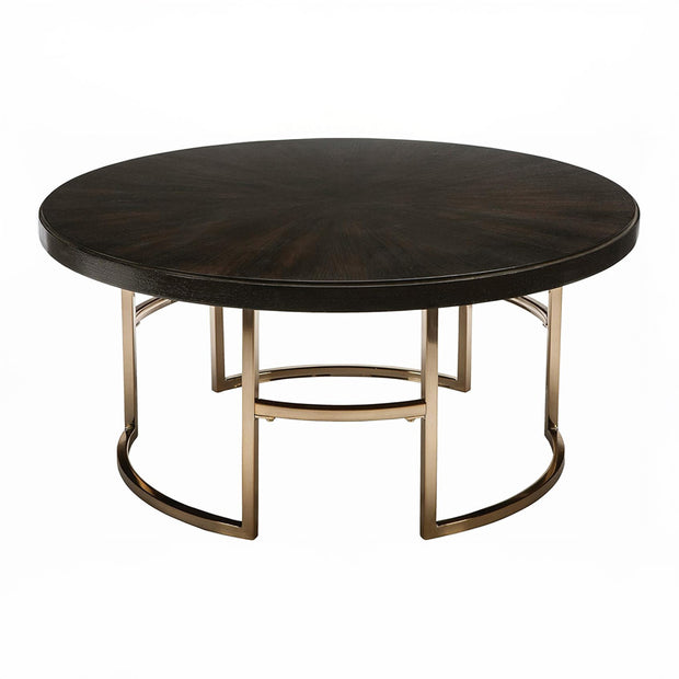 Round Oak & Gold Metal Coffee Table