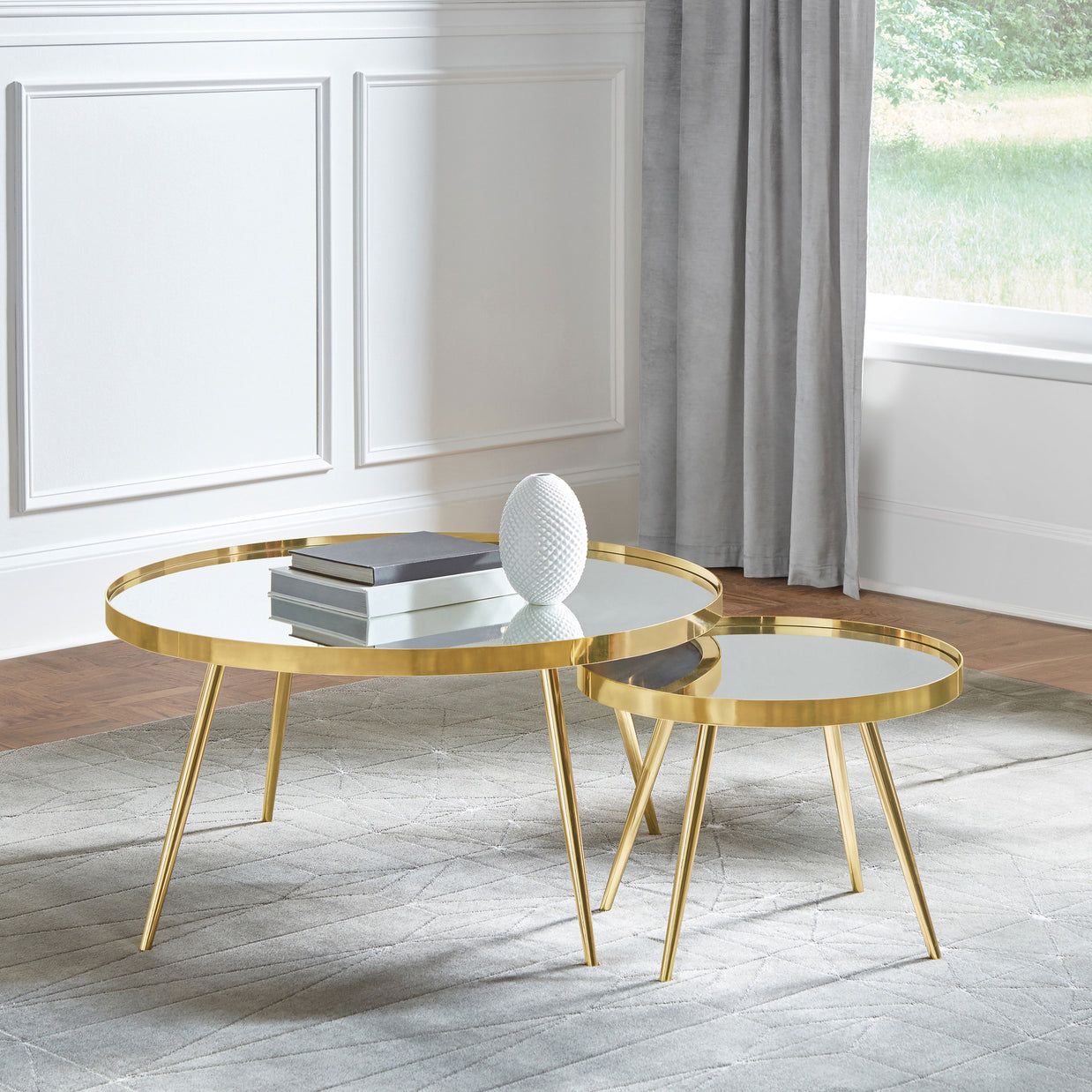 Round Mirror Top Nesting Coffee Table 2-Piece Set – Gold