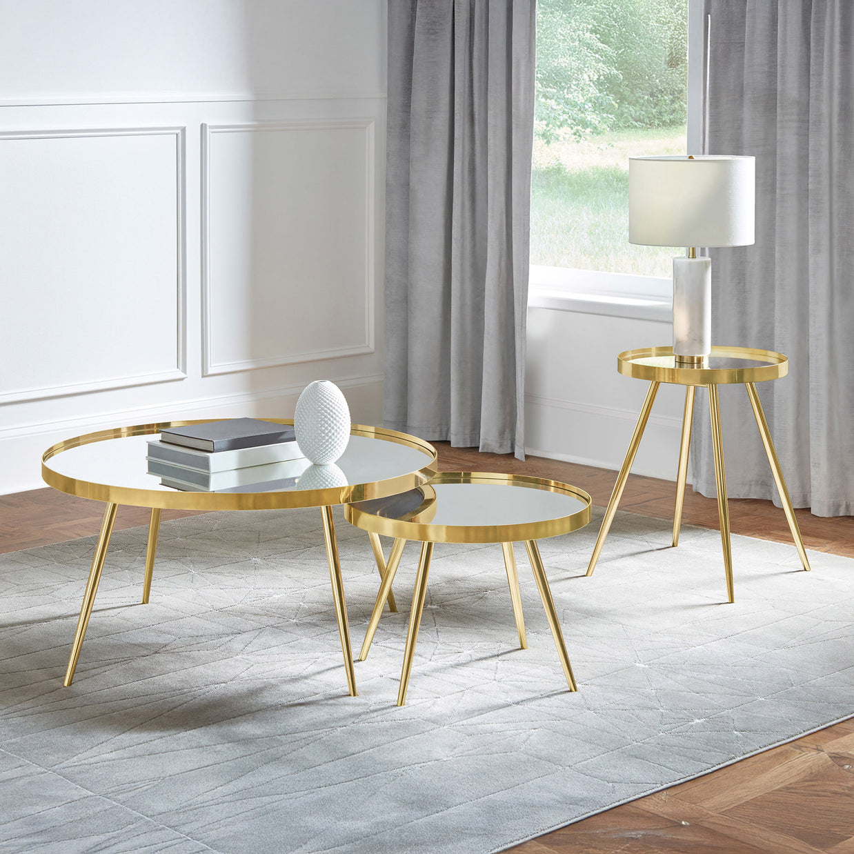 Round Mirror Top Nesting Coffee Table 2-Piece Set – Gold