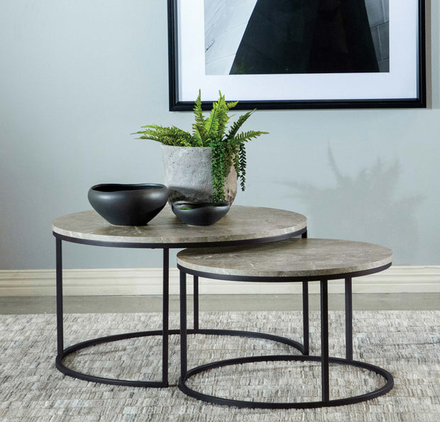 2-Piece Round Faux Marble Nesting Coffee Table Set – Grey