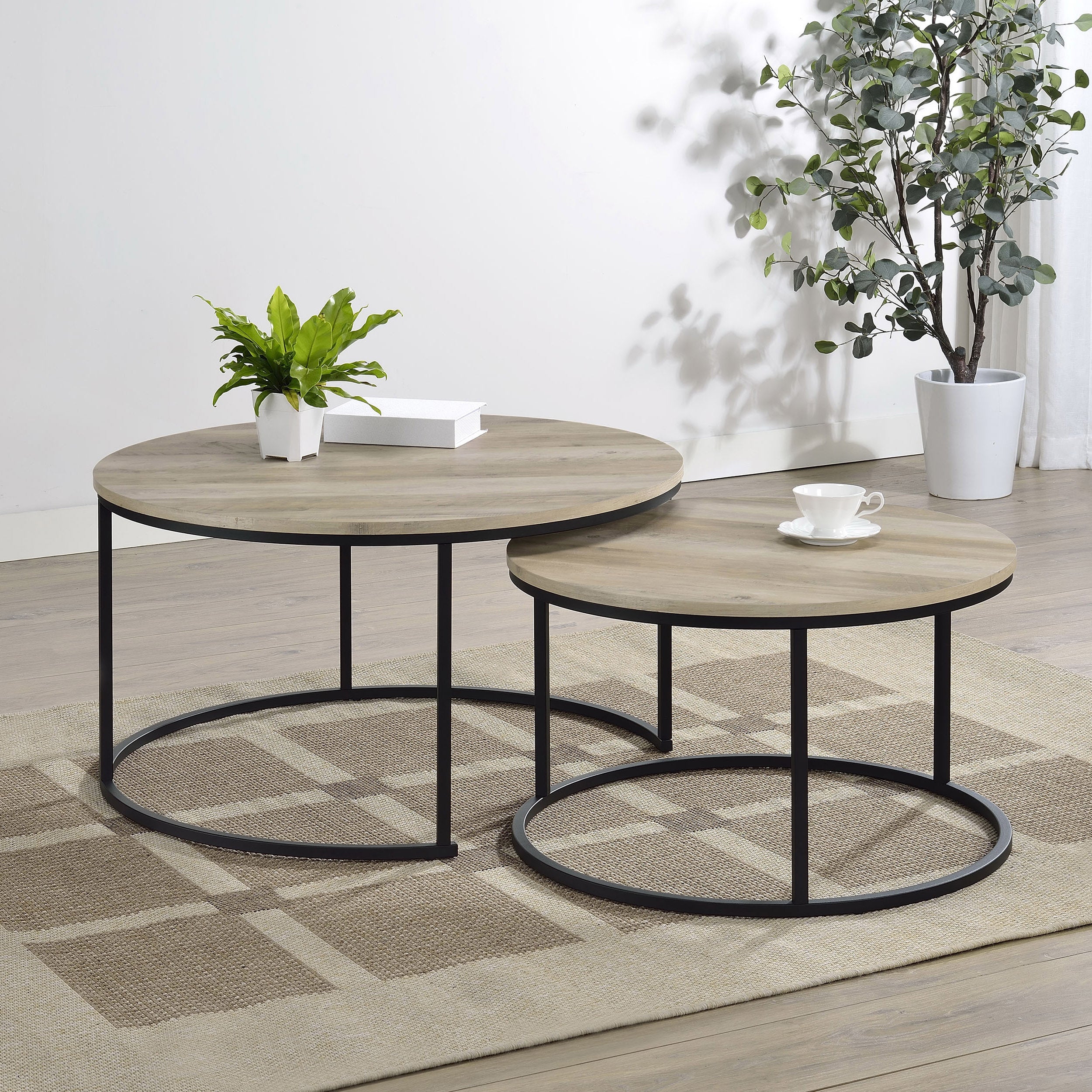 2-Piece Round Faux Marble Nesting Coffee Table Set – Grey