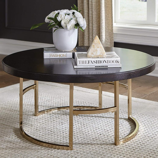 Round Oak & Gold Metal Coffee Table