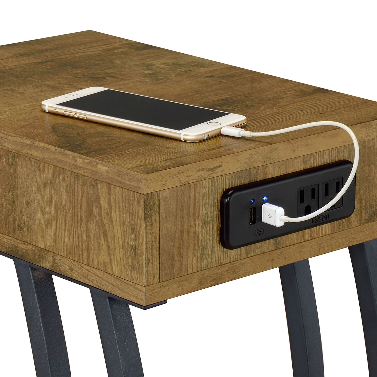 C-Shaped Side Table with Drawer & Power Outlet