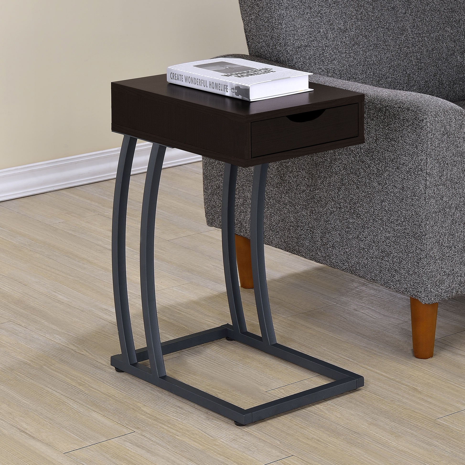 C-Shaped Side Table with Drawer & Power Outlet