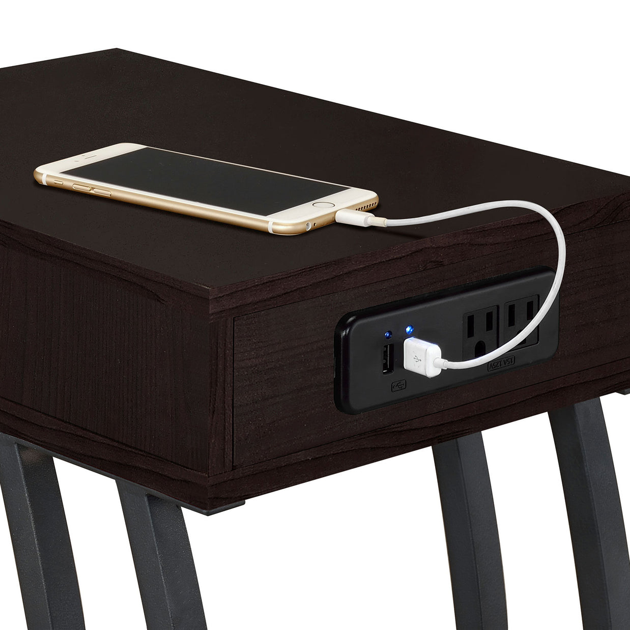 C-Shaped Side Table with Drawer & Power Outlet