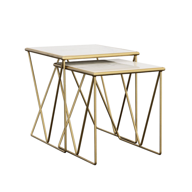 2-Piece White Marble Top Nesting Table Set with Gold Base