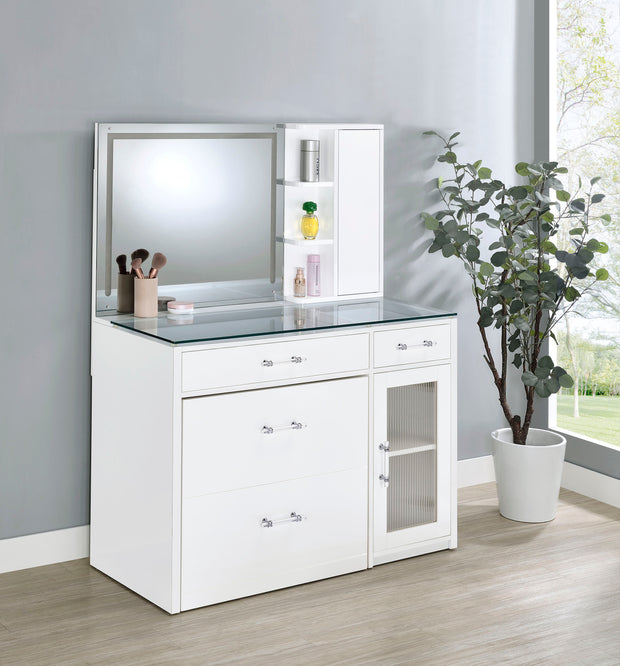 Modern White High Gloss Vanity Desk with LED Mirror & Glass Top