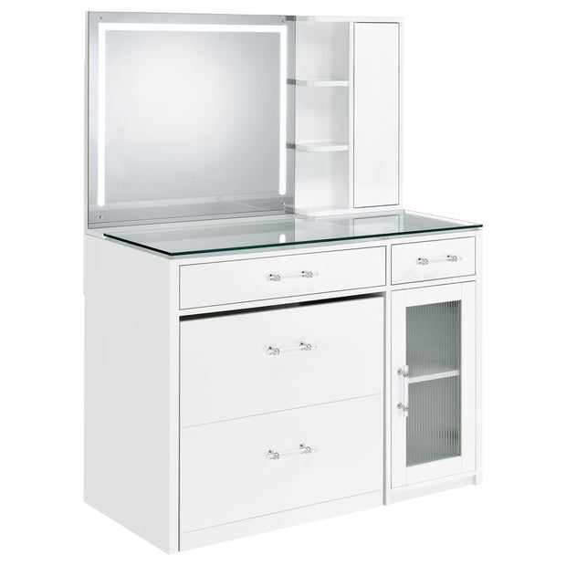 Modern White High Gloss Vanity Desk with LED Mirror & Glass Top