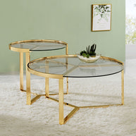 2-Piece Round Glass Top Nesting Coffee Table Set in Gold