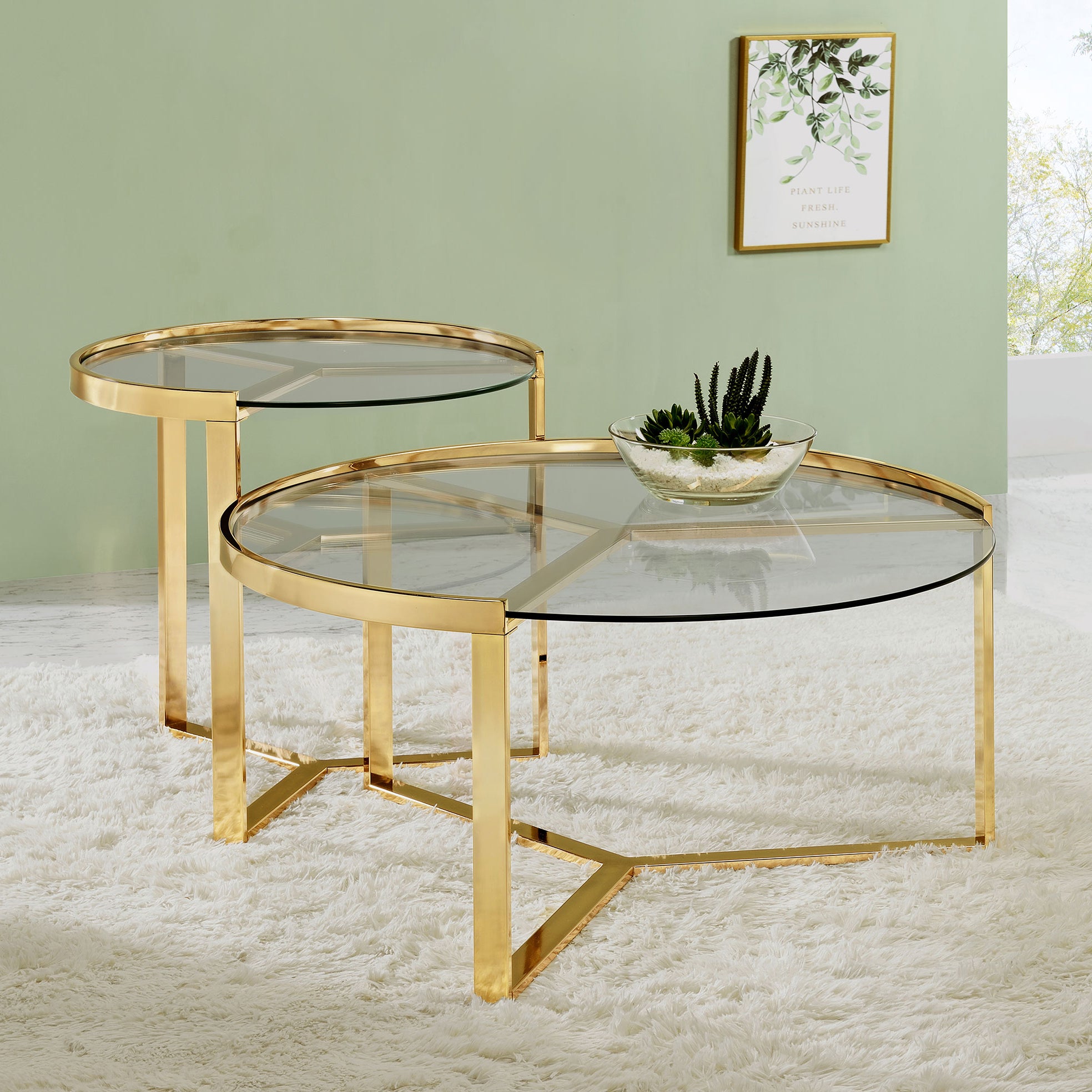2-Piece Round Glass Top Nesting Coffee Table Set in Gold