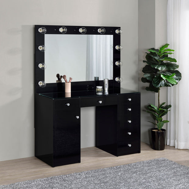 Midnight Hollywood High Gloss Vanity Desk with Lighted Mirror & 7 Drawers
