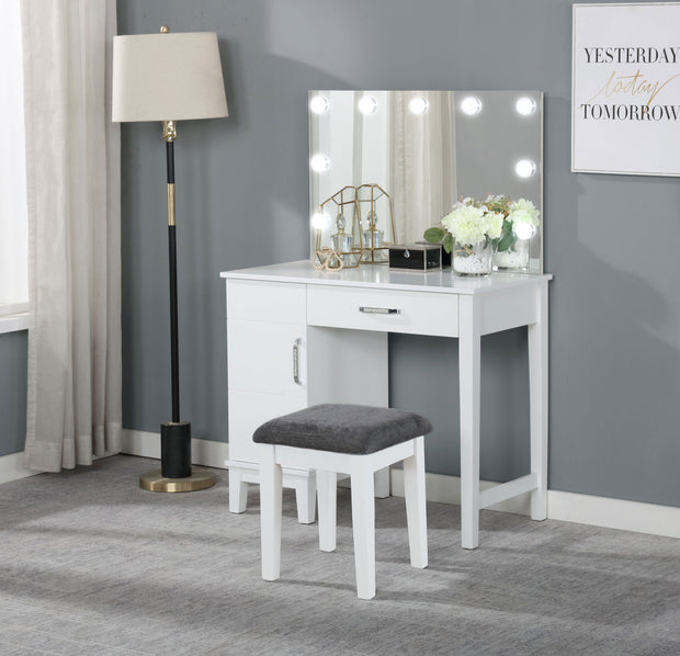 Modern White Vanity Desk with LED Lighted Mirror & Dark Grey Stool