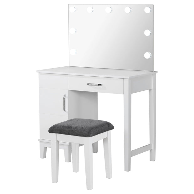 Modern White Vanity Desk with LED Lighted Mirror & Dark Grey Stool