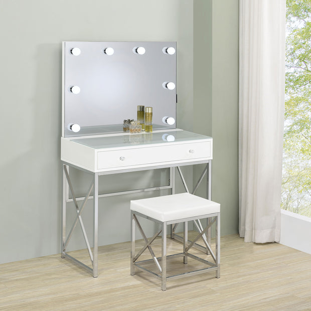 Modern White & Chrome Vanity Desk with Lighted Mirror & Stool