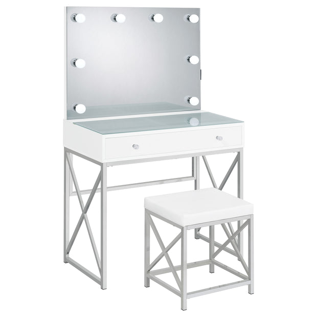 Modern White & Chrome Vanity Desk with Lighted Mirror & Stool