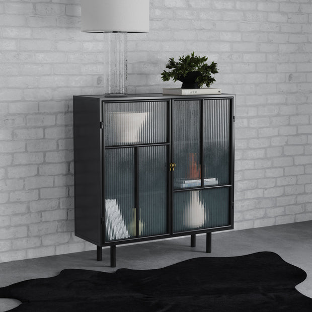 Black Ribbed Glass Accent Cabinet