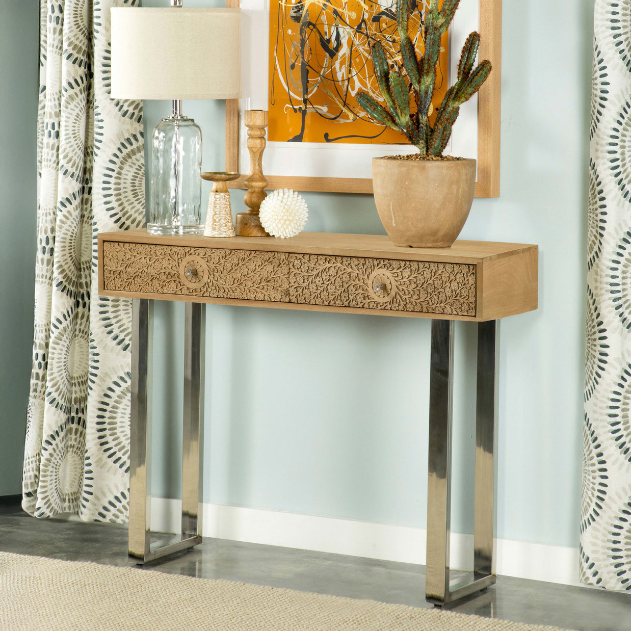 Floral Hand-Carved Mango Wood Console Table