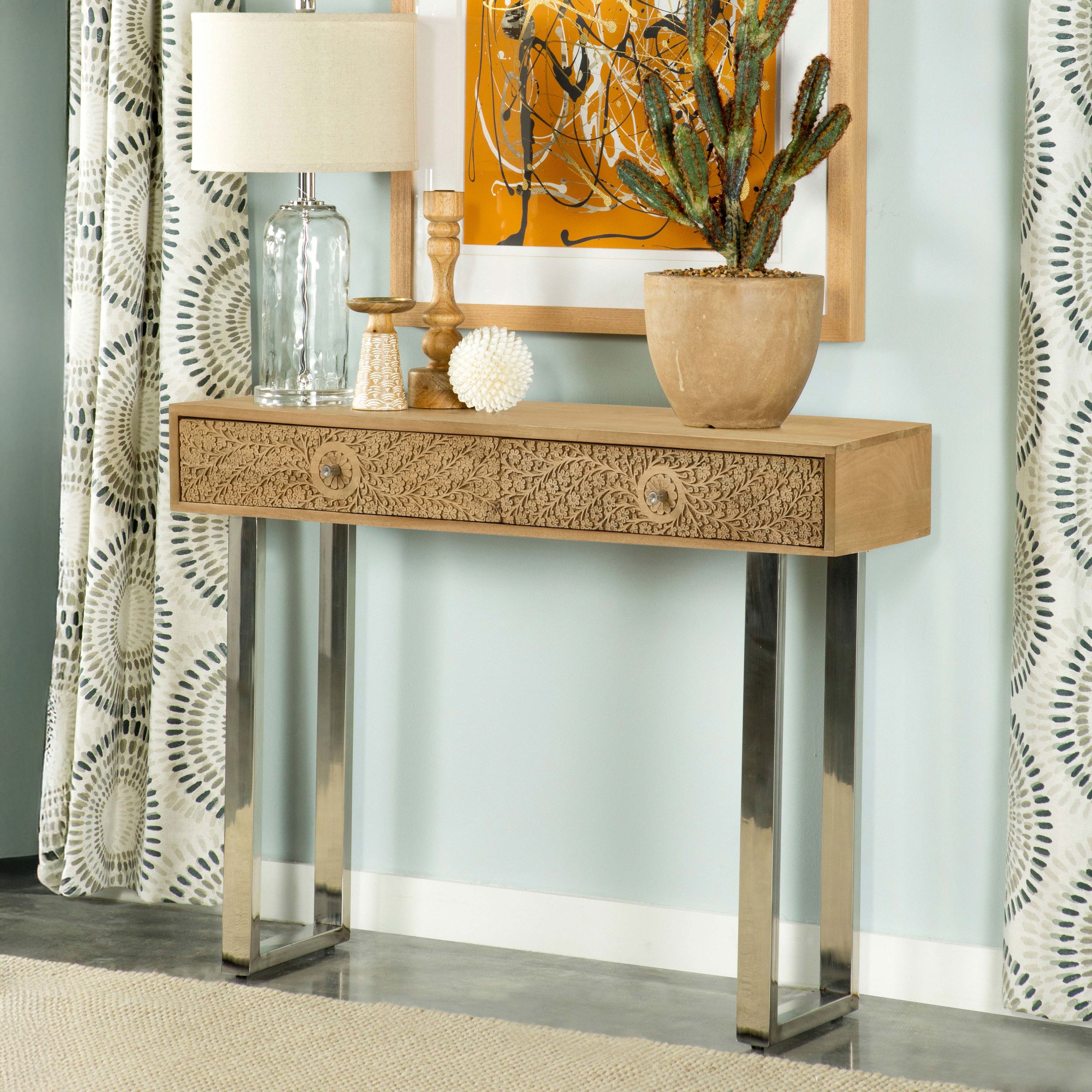 Floral Hand-Carved Mango Wood Console Table