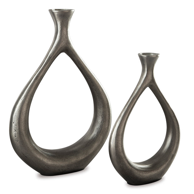 Antiqued Silver Metal Vase Set