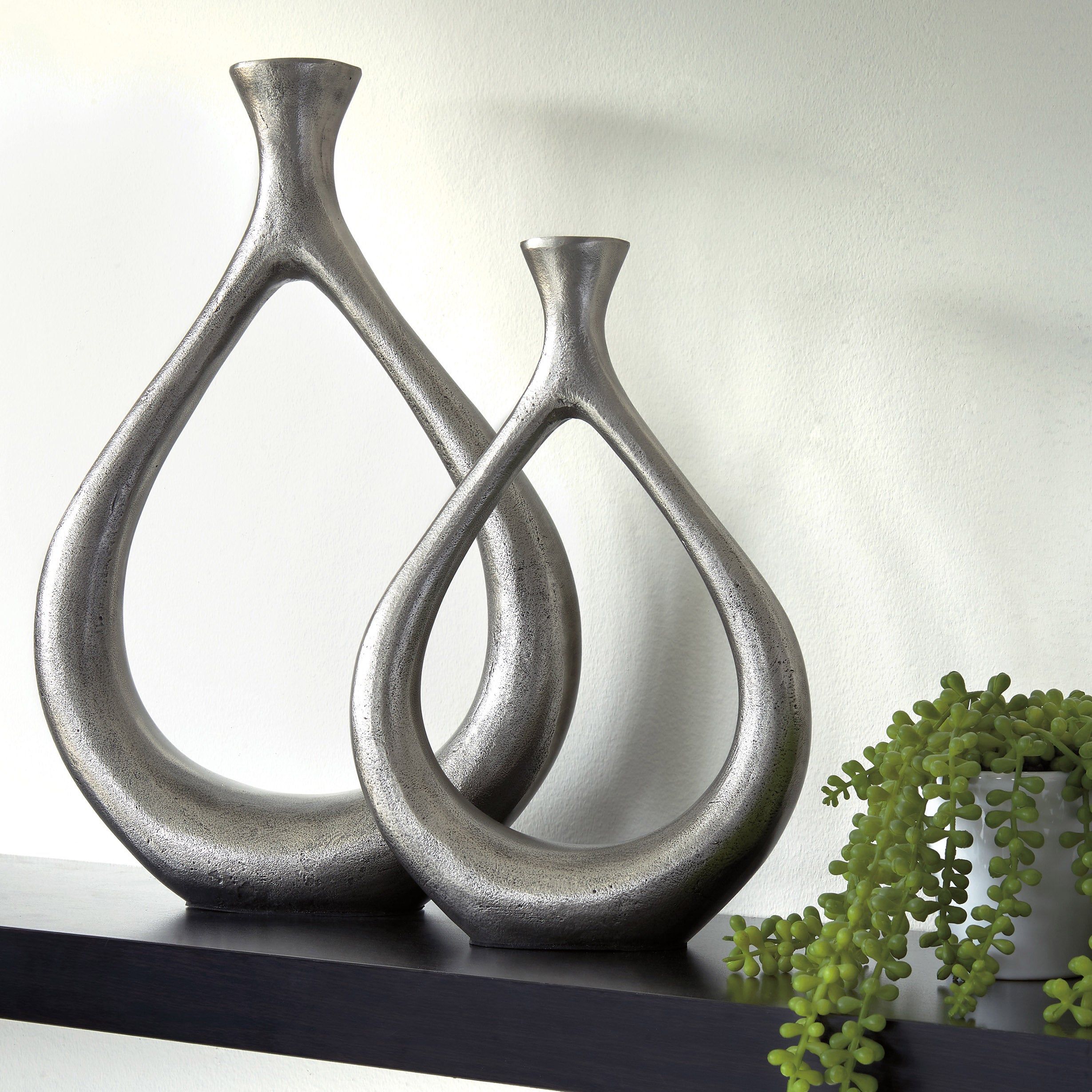 Antiqued Silver Metal Vase Set