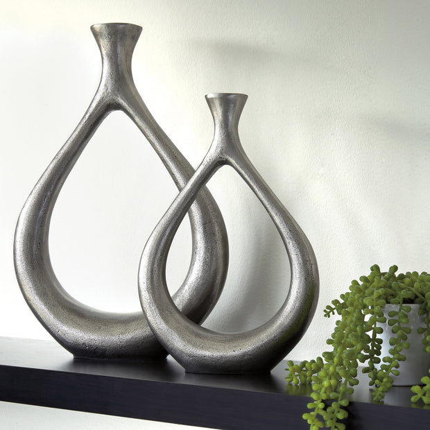 Antiqued Silver Metal Vase Set