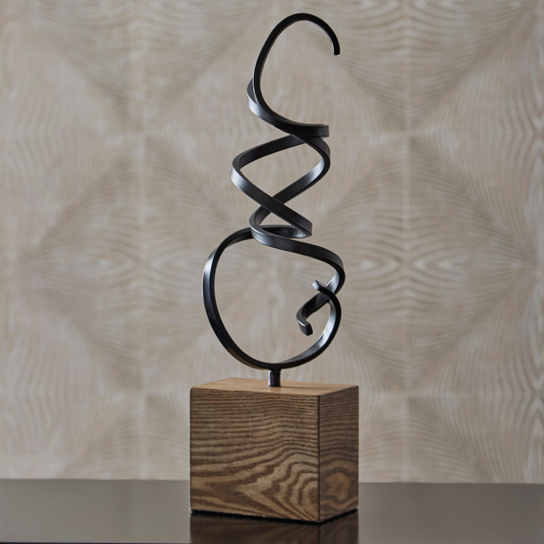 Abstract Metal Sculpture with Wood Base