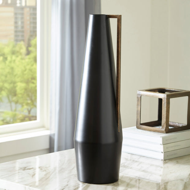 Modern Black Vase with Wood Handle