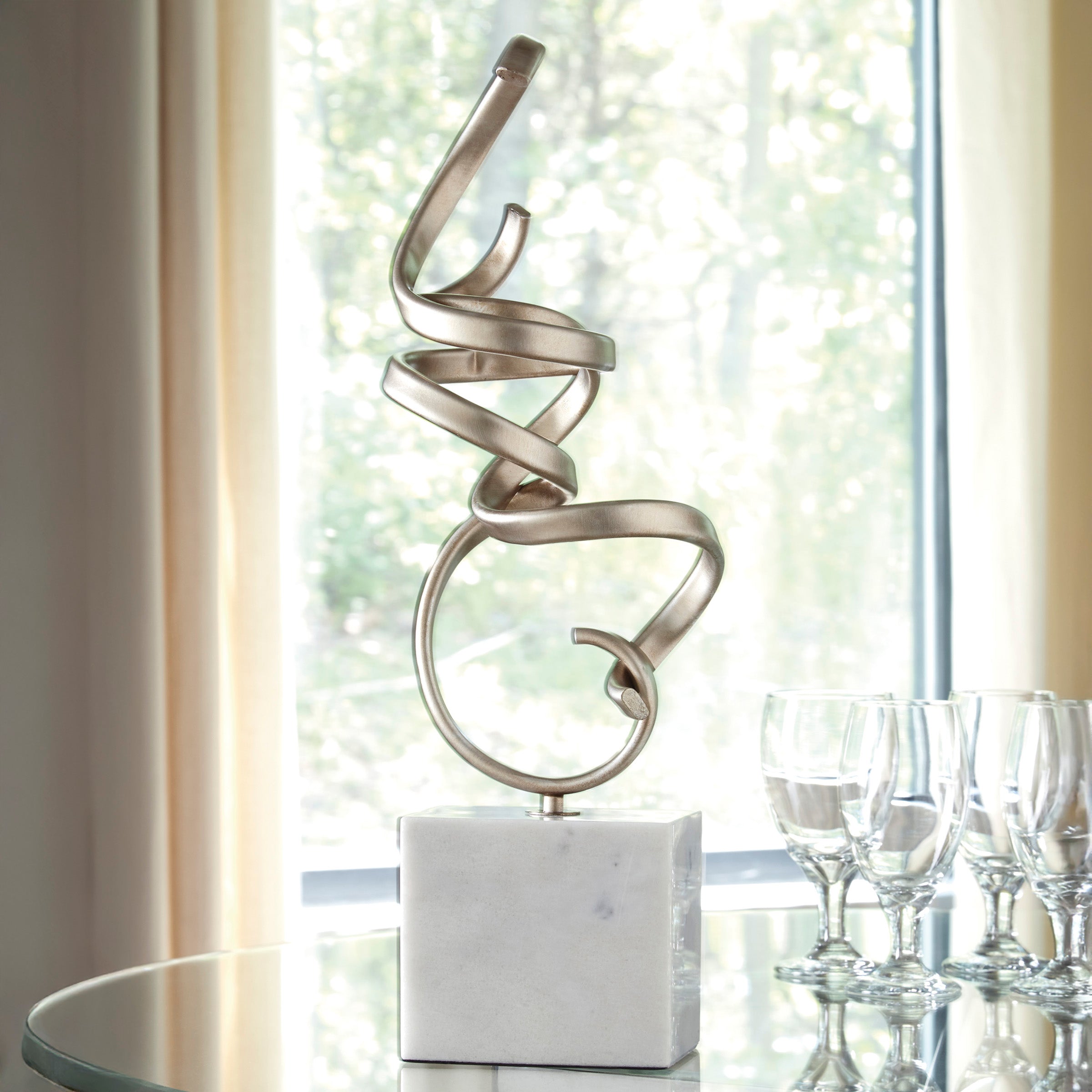 Abstract Spiral Metal Sculpture with Marble Base