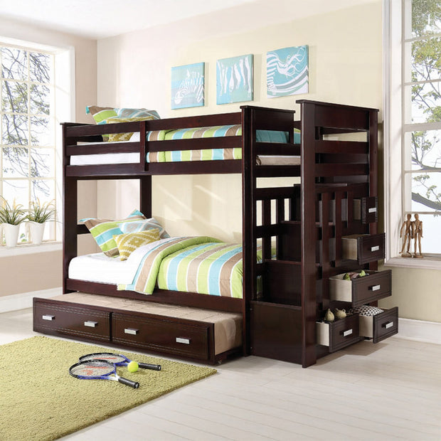 Espresso Twin Bunk Bed w/Trundle & Storage