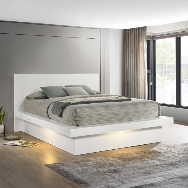 White Finish Platform Bed w/ Built-in Lighting